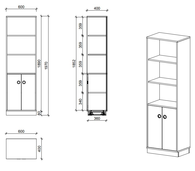 Schrank | Türen geschlossen und offene Fächer, 5 OH - Smart | 60 x 197 x 40 cm
