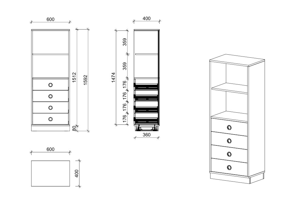Schrank | mit Schubladen und Regal, 4 OH - Smart | 60 x 159 x 40 cm