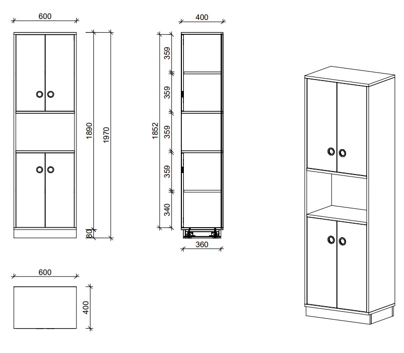 Schrank | Türen, offenes Fach und Türen, 5 OH - Smart | 60 x 197 x 40 cm
