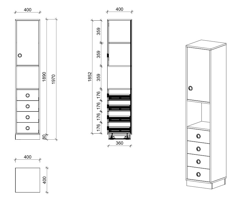 Schrank | mit Schubladen, Regal und Tür rechts, 5 OH - Smart | 40 x 197 x 40 cm