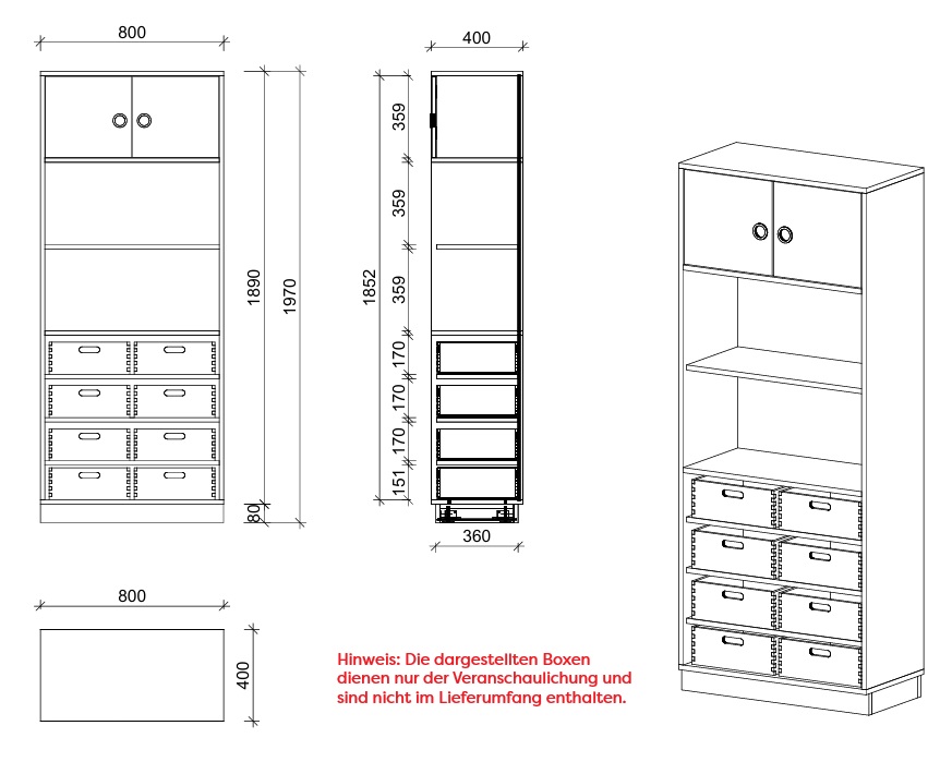 Schrank | mit 4 Fachböden für Boxen, offenem Fach und Türen, 5 OH - Smart | 80 x 197 x 40 cm