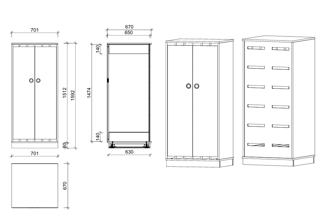 Liegepolsterschrank | 5 Fächer - Basic | 59 x 159 x 67 cm