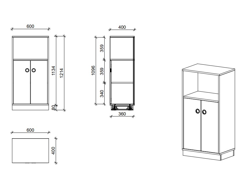 Schrank | Türen geschlossen und offenes Fach, 3 OH - Smart | 60 x 121 x 40 cm