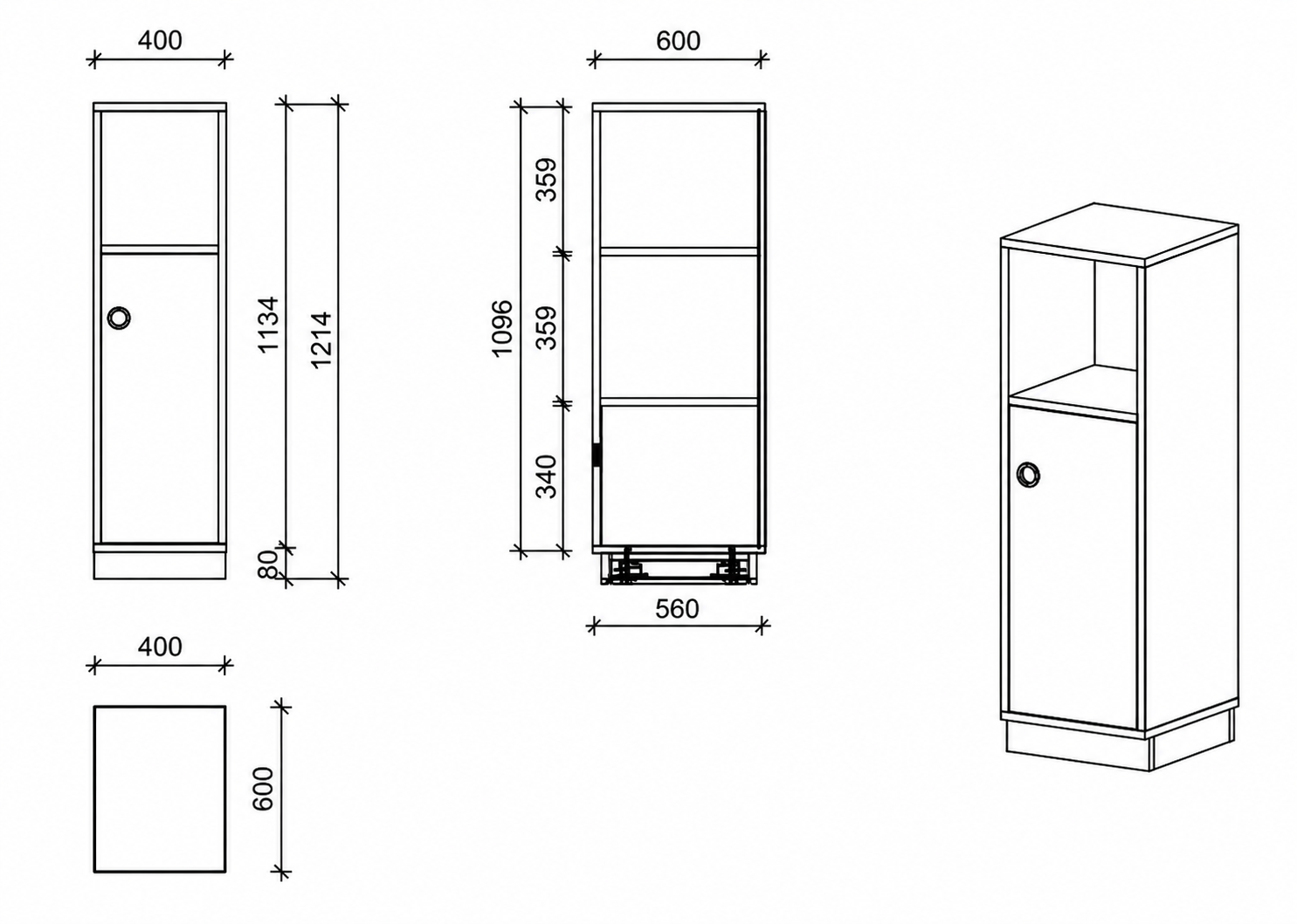 Schrank | mit Tür rechts und offenem Fach, 3 OH -  basic | 40 x 121 x 60 cm