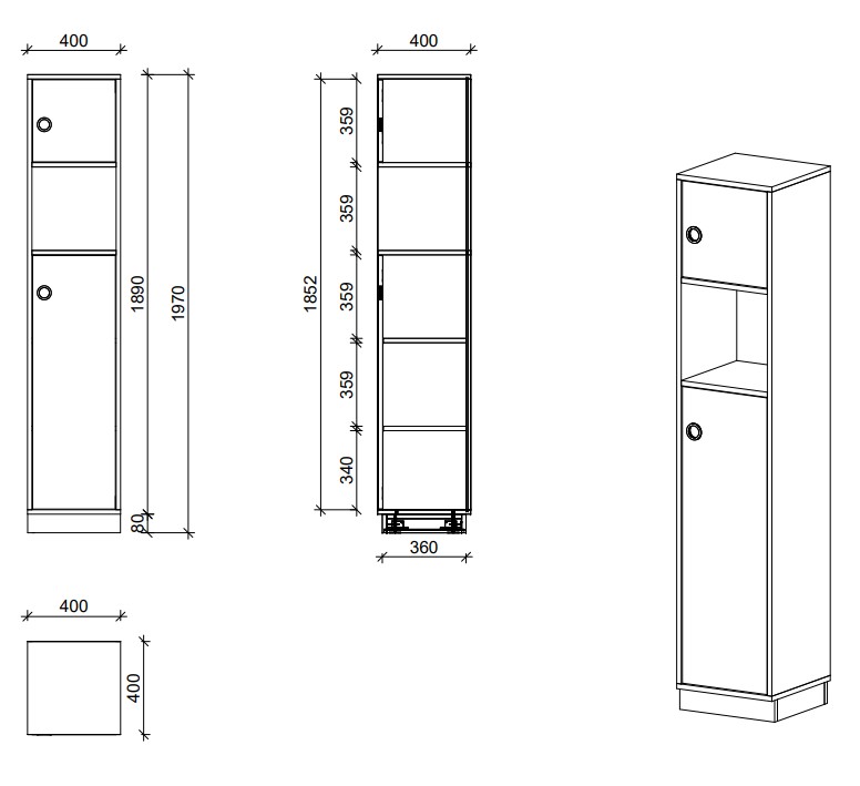 Schrank | Türen rechts und offenes Fach, 5 OH - Smart | 40 x 197 x 40 cm