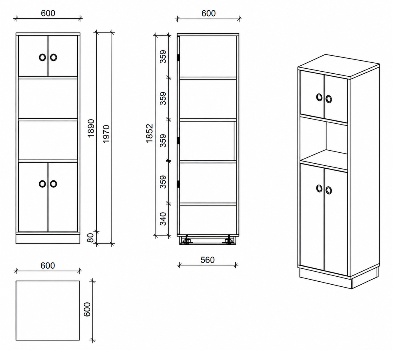 Schrank | mit Türen und offenem Fach, 5 OH -  basic | 60 x 197 x 60 cm