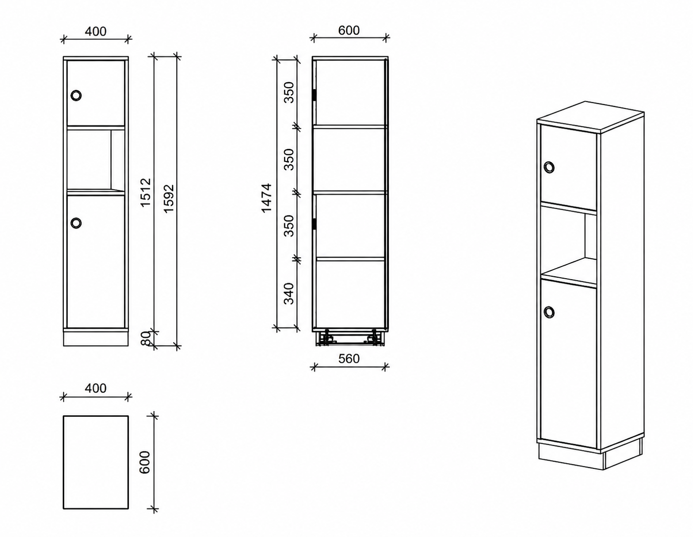 Schrank | mit Türen rechts und offenem Fach, 4 OH -  basic | 40 x 159 x 60 cm