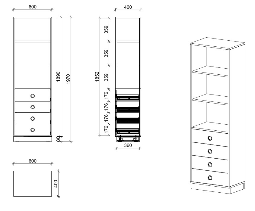 Schrank | mit Schubladen und Regal, 5 OH - Smart | 60 x 197 x 40 cm