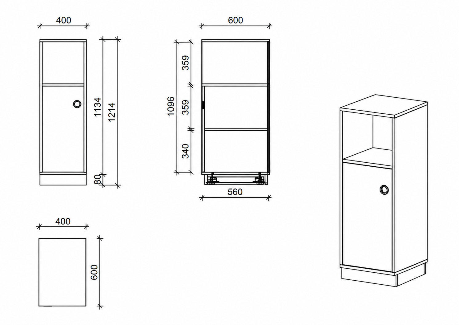 Schrank | mit Tür links und offenem Fach, 3 OH -  basic | 40 x 121 x 60 cm