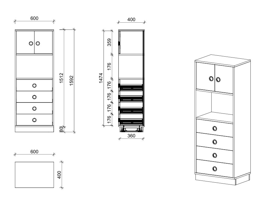 Schrank | mit Schubladen und Regal und Türen, 4 OH - Smart | 60 x 159 x 40 cm