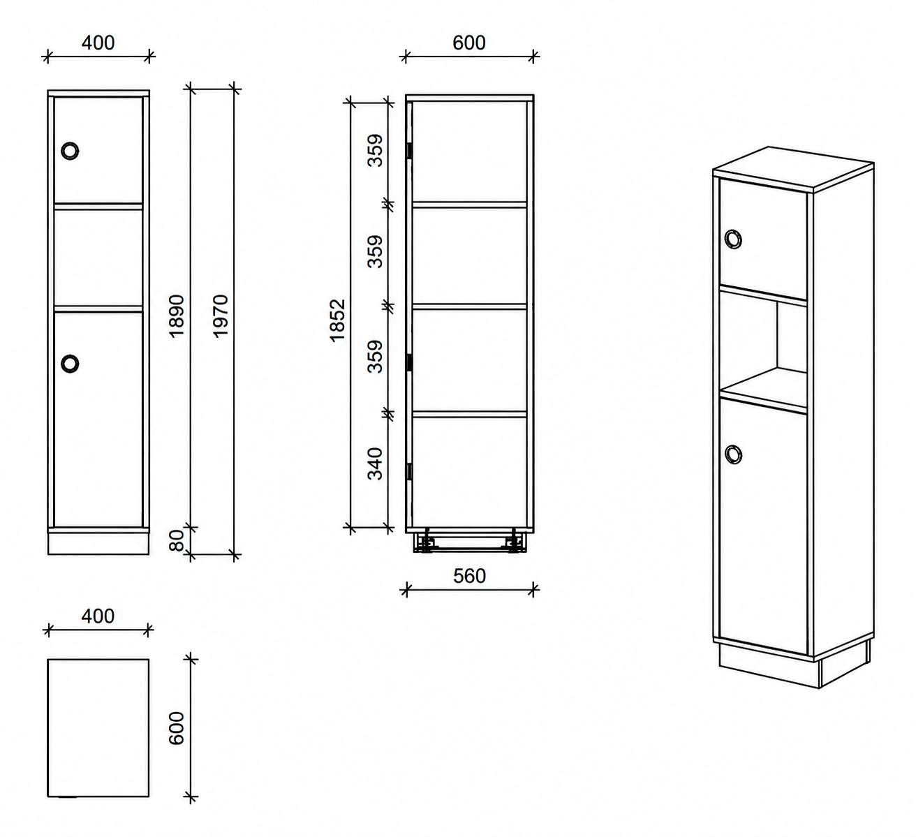 Schrank | mit Türen rechts und offenem Fach, 5 OH -  basic | 40 x 197 x 60 cm