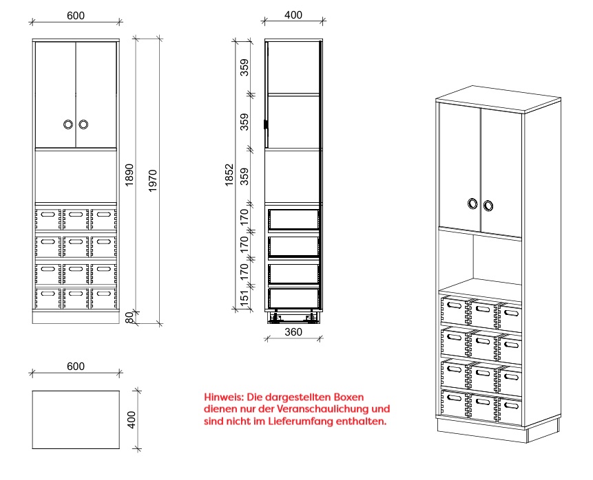 Schrank | mit 4 Fachböden, offenem Fach und Türen, 5 OH - Smart | 60 x 197 x 40 cm